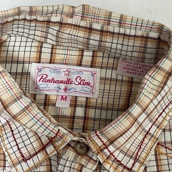 Panhandle Slim Beige White Plaid Snap Button Western Shirt Size Medium - Picture 4 of 5